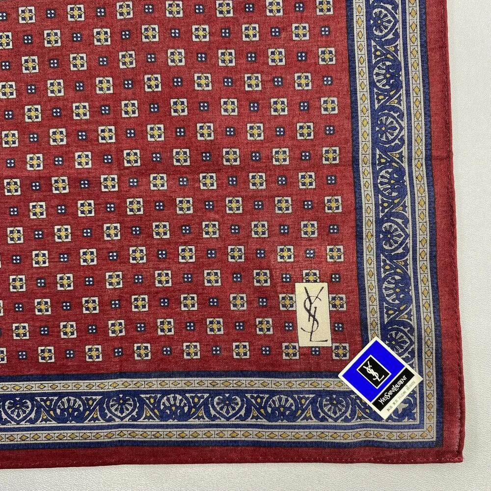 YVES SAINT LAURENT YSL Handkerchief Bandana Scarf Pocket Square Red Blue - Picture 3 of 5